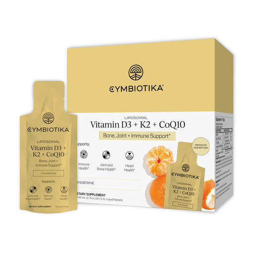 CYMBIOTIKA liposomal D3 + K2 + CoQ10 packets packaging showcases a convenient daily wellness option.