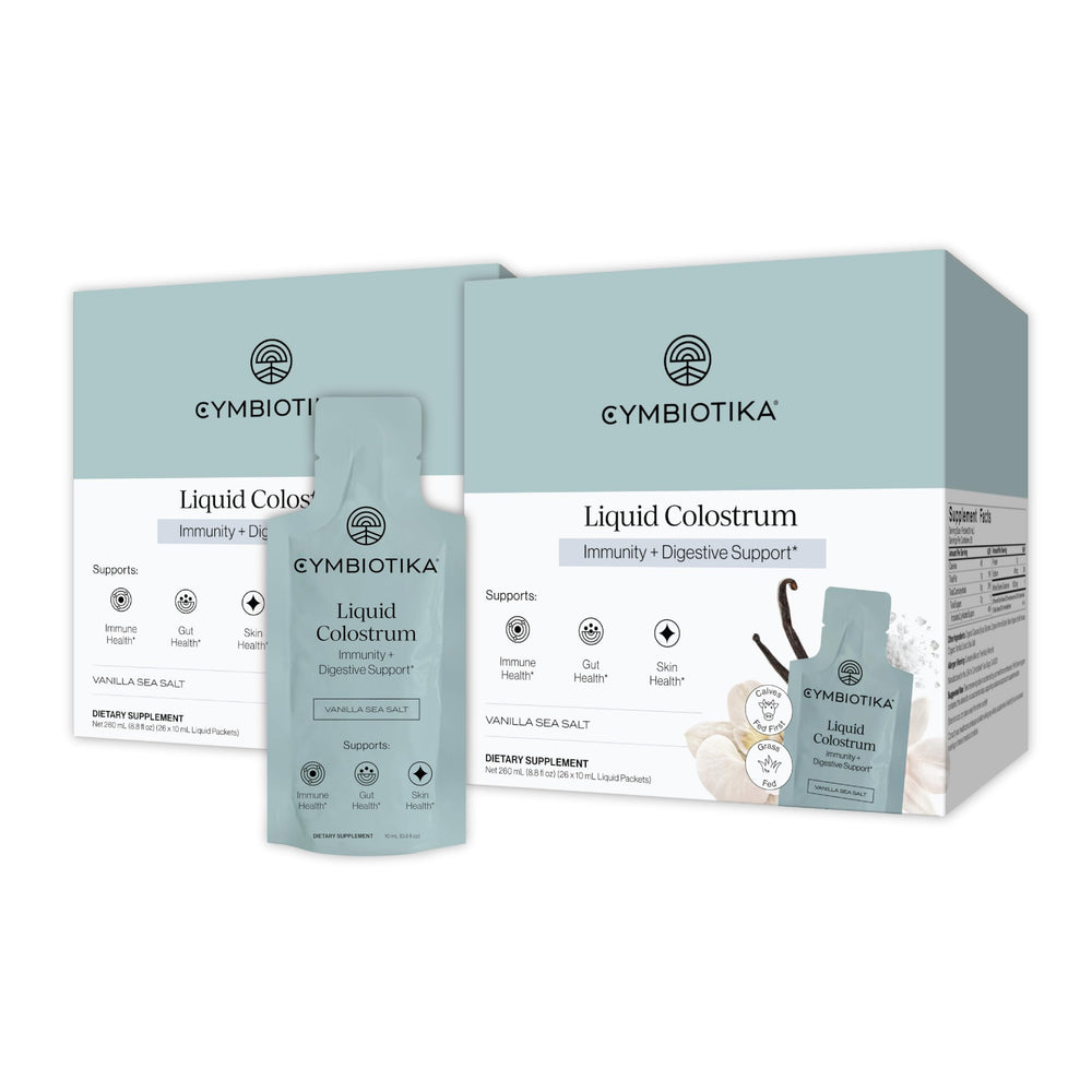 CYMBIOTIKA Liquid Colostrum bottle with sea salt vanilla for daily gut and immune support.