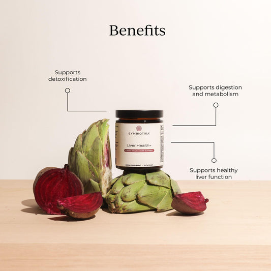 CYMBIOTIKA Liver Health+ capsules close-up, vegan liver support.
