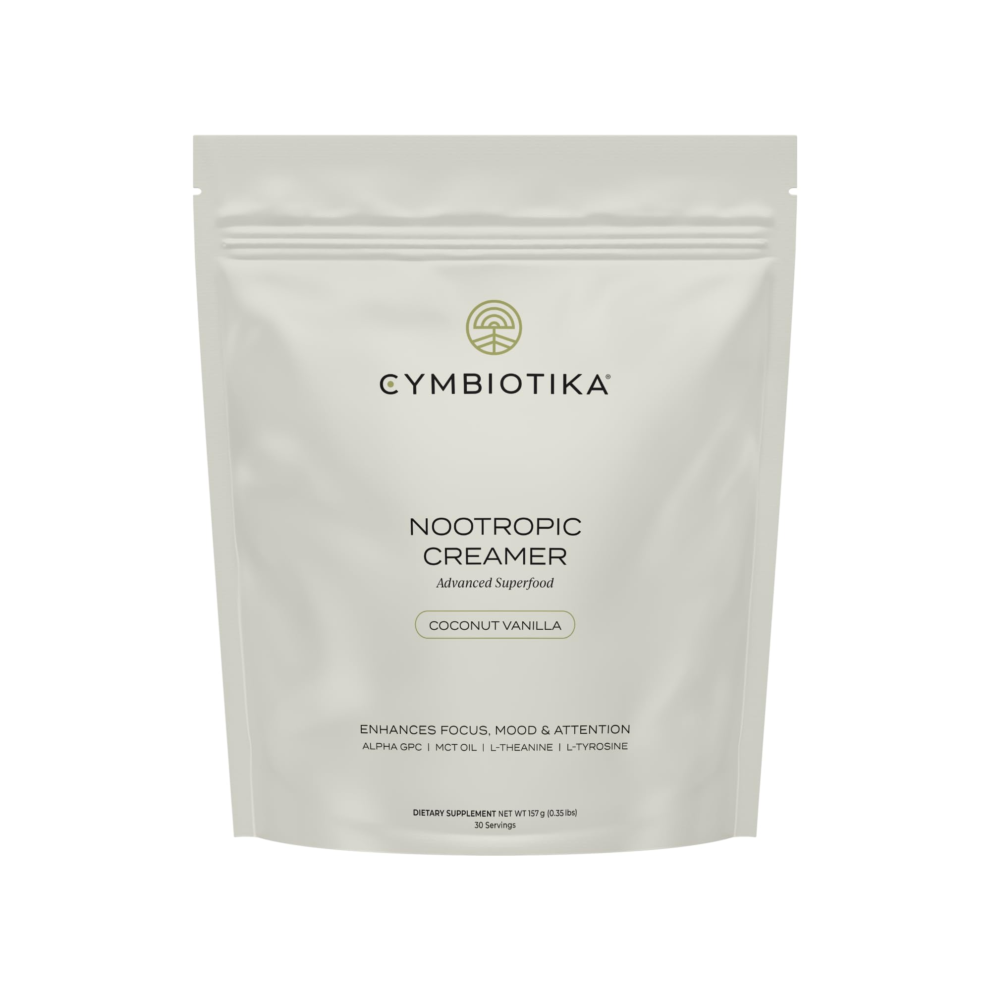 CYMBIOTIKA nootropic creamer bottle shows keto-friendly, sugar-free formula for focused mornings.