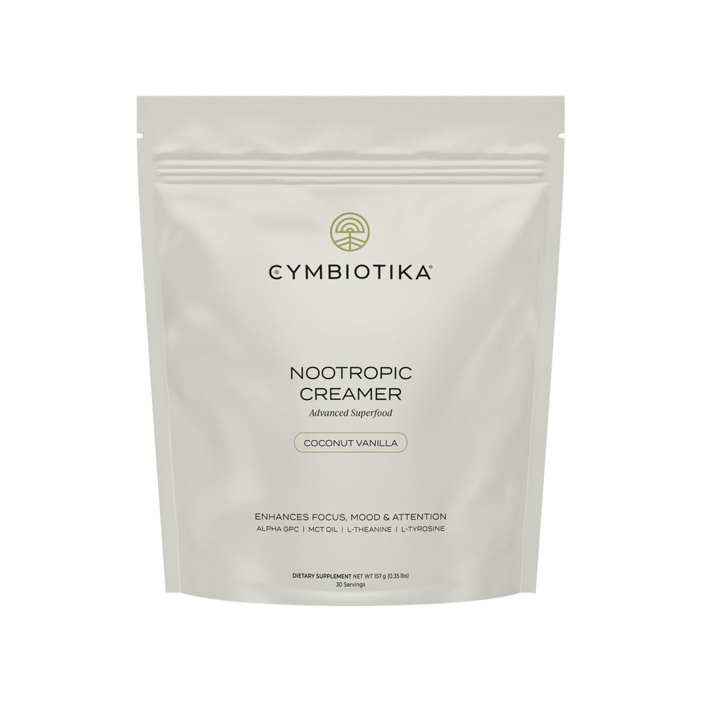 CYMBIOTIKA nootropic creamer bottle shows keto-friendly, sugar-free formula for focused mornings.