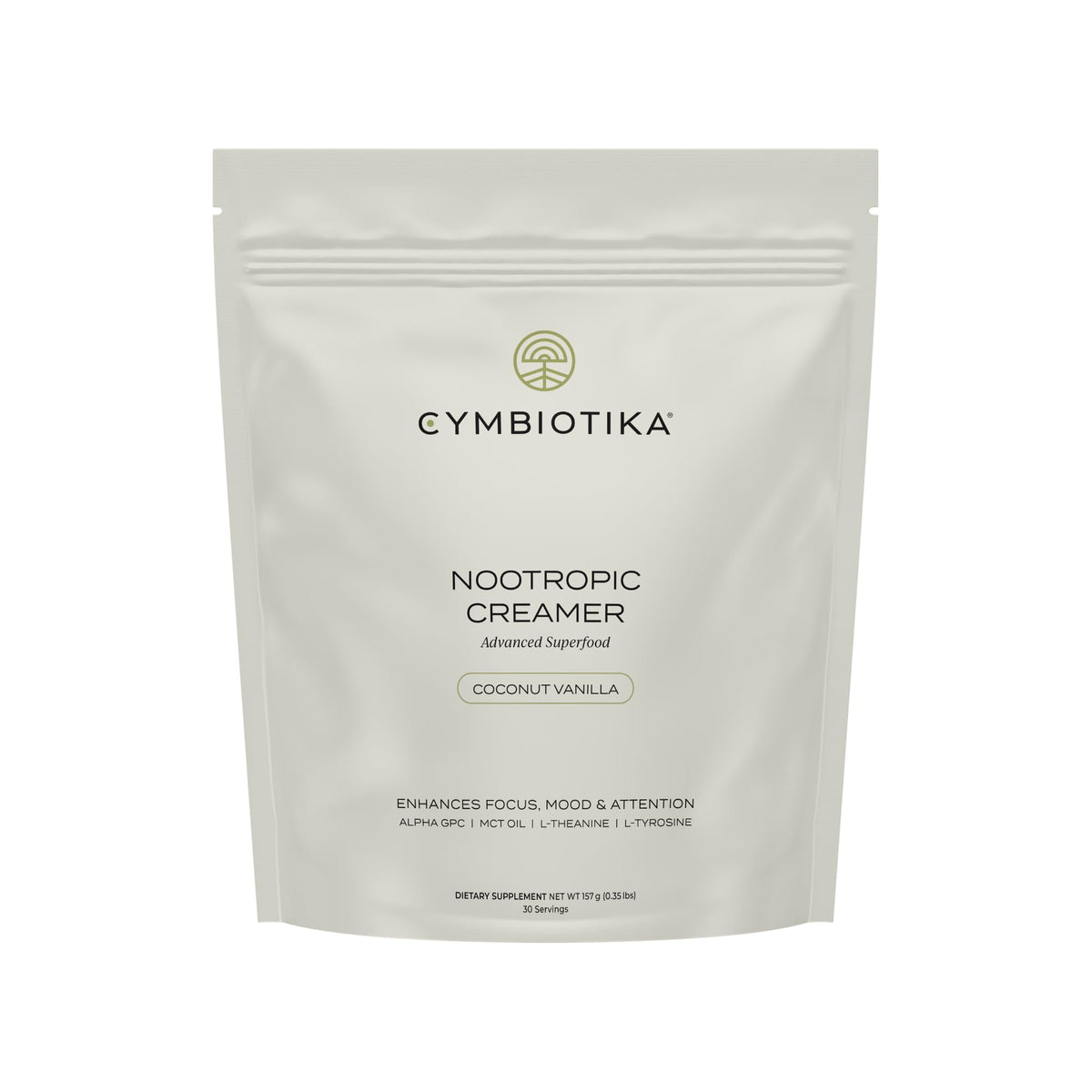 CYMBIOTIKA nootropic creamer bottle shows keto-friendly, sugar-free formula for focused mornings.