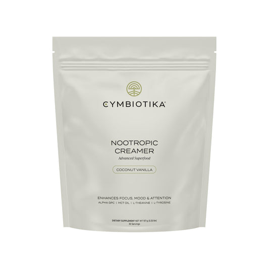 CYMBIOTIKA nootropic creamer bottle shows keto-friendly, sugar-free formula for focused mornings.