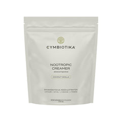 CYMBIOTIKA nootropic creamer bottle shows keto-friendly, sugar-free formula for focused mornings.
