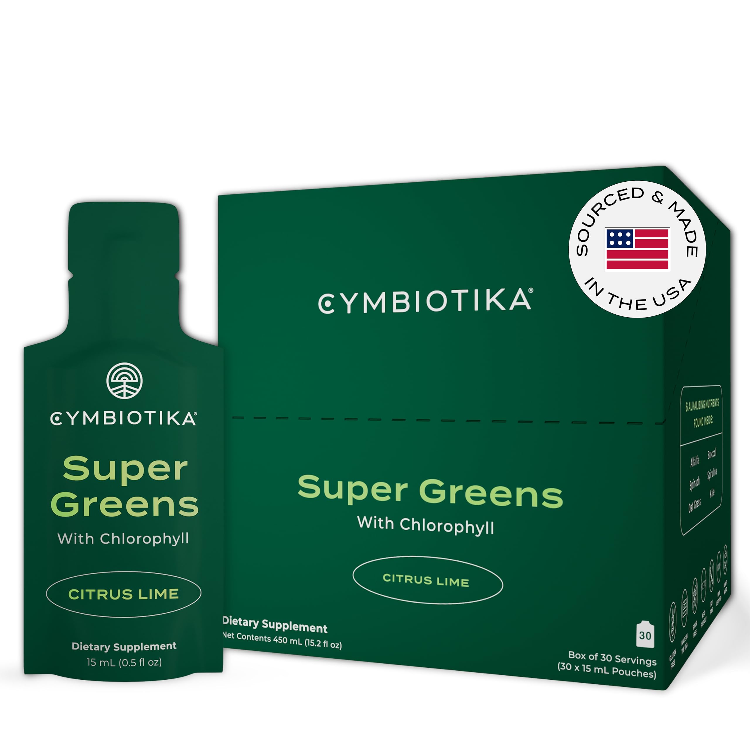 CYMBIOTIKA Super Greens pouch pour for on-the-go daily nutrition.
