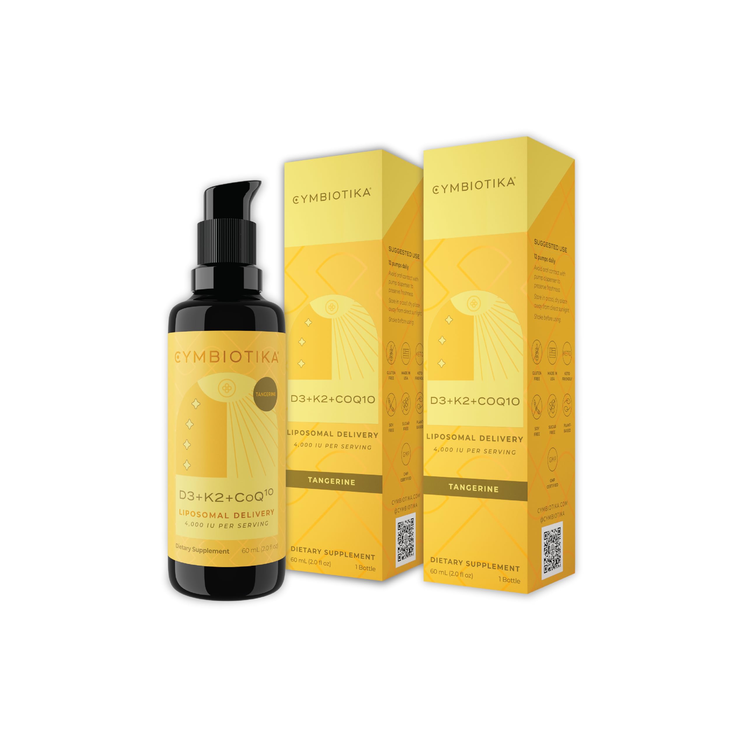 CYMBIOTIKA Vitamin D3 K2 CoQ10 liquid bottle pour showing liposomal delivery