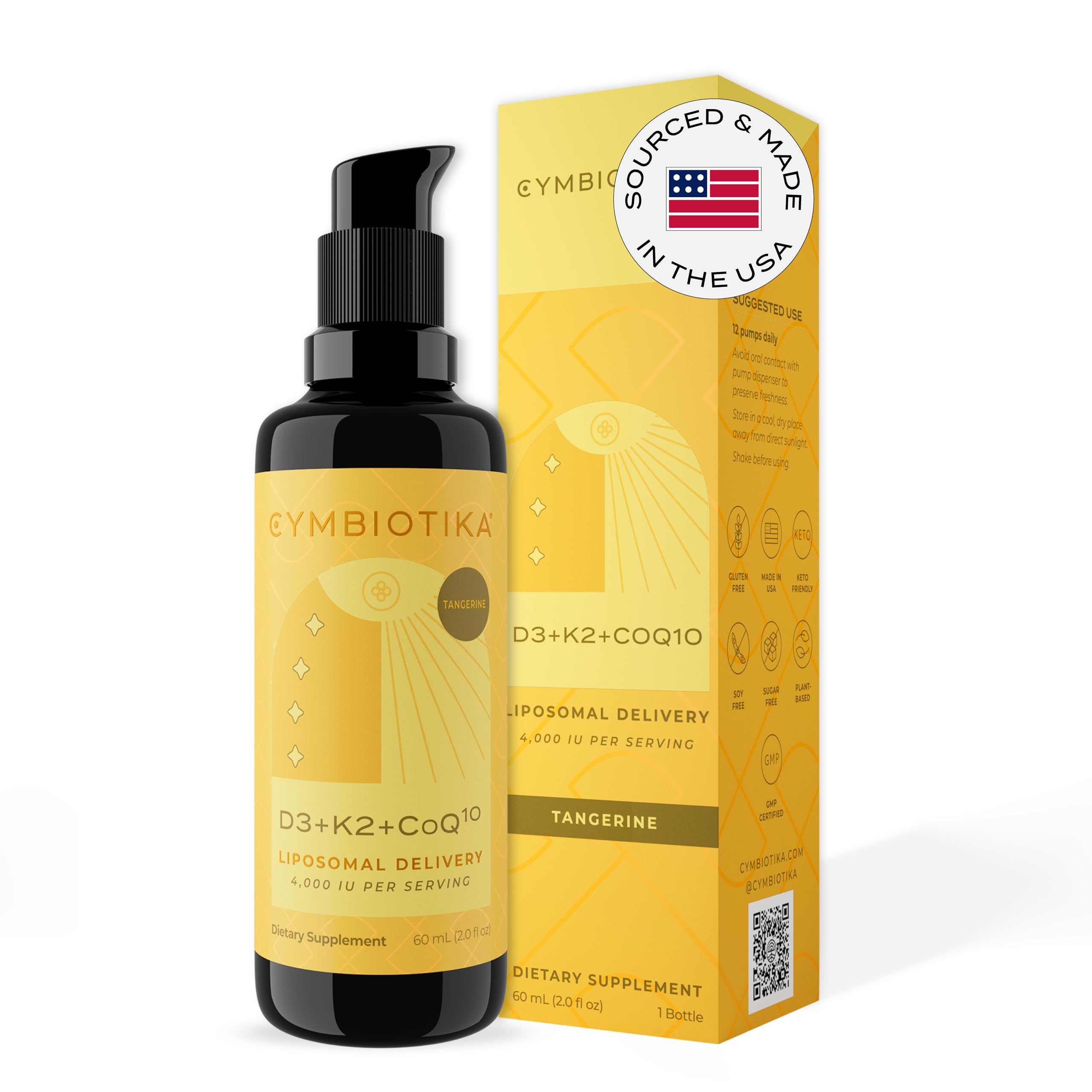 CYMBIOTIKA vitamin D3 K2 CoQ10 liquid bottle shows premium liposomal formula for absorption.