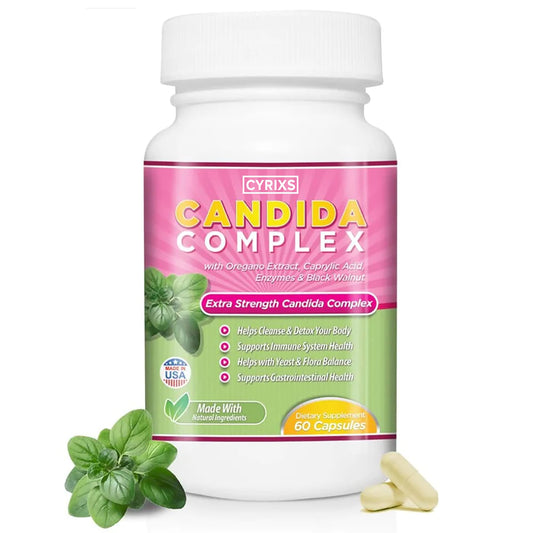 Cyrixs Health Candida Complex bottle with capsules for daily gut balance