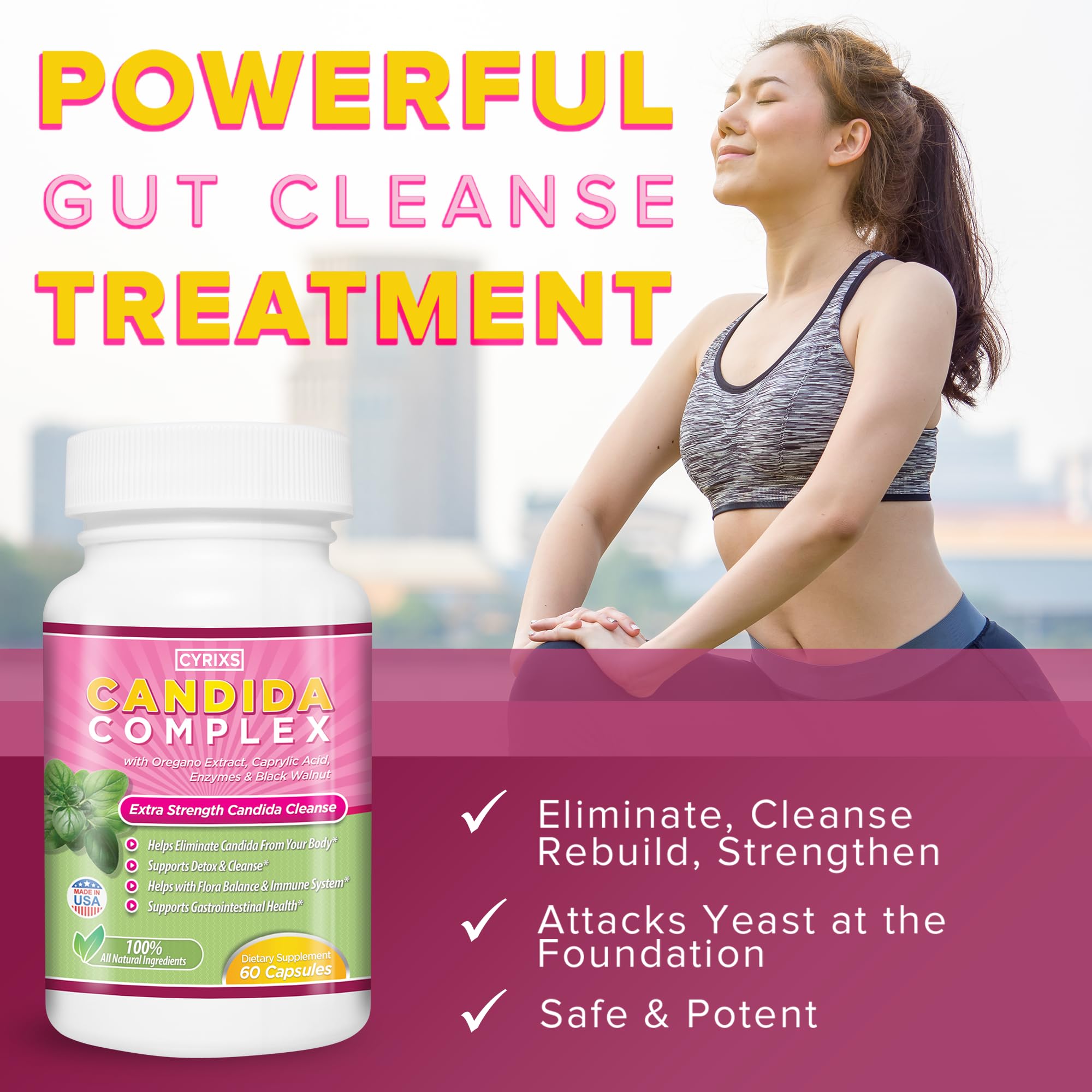 Cyrixs Health Candida Complex packaging box showcasing all-natural formula