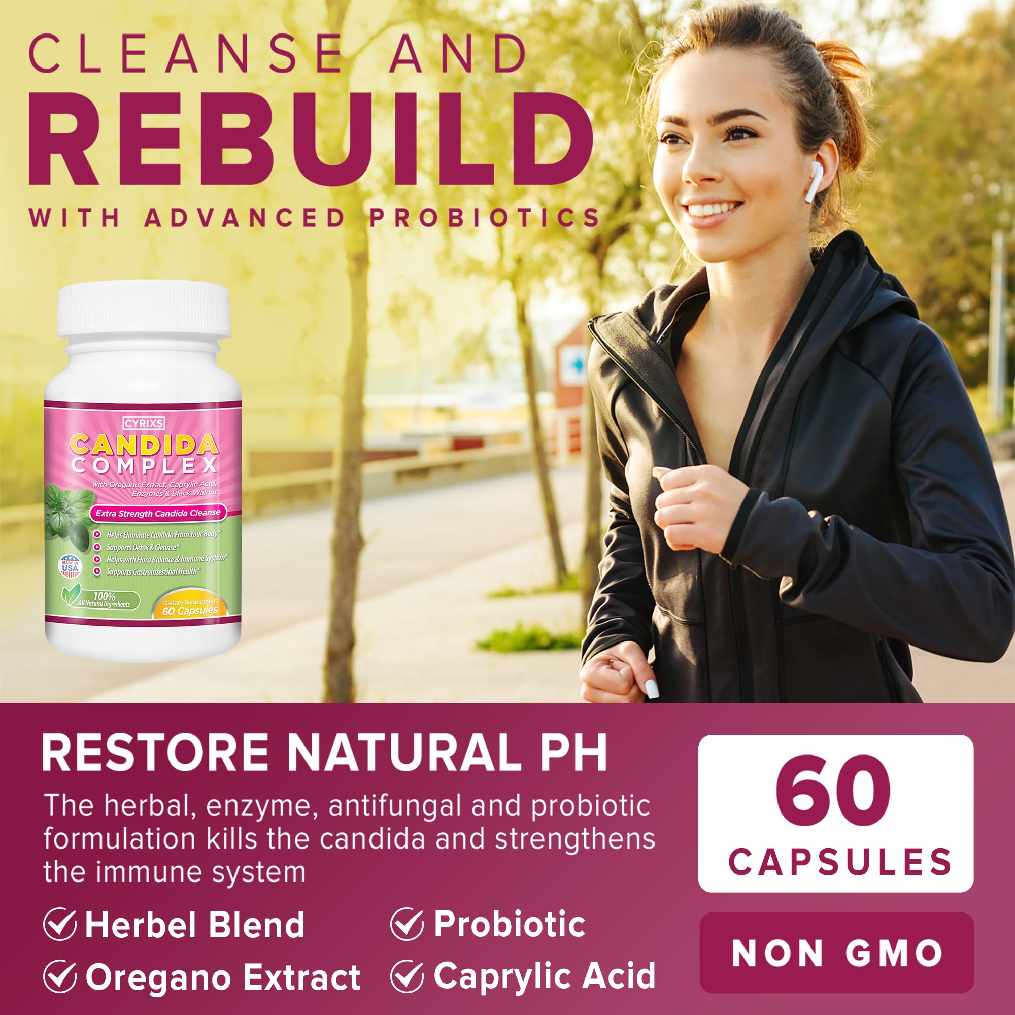 Cyrixs Health Candida Complex usage scene with daily capsules
