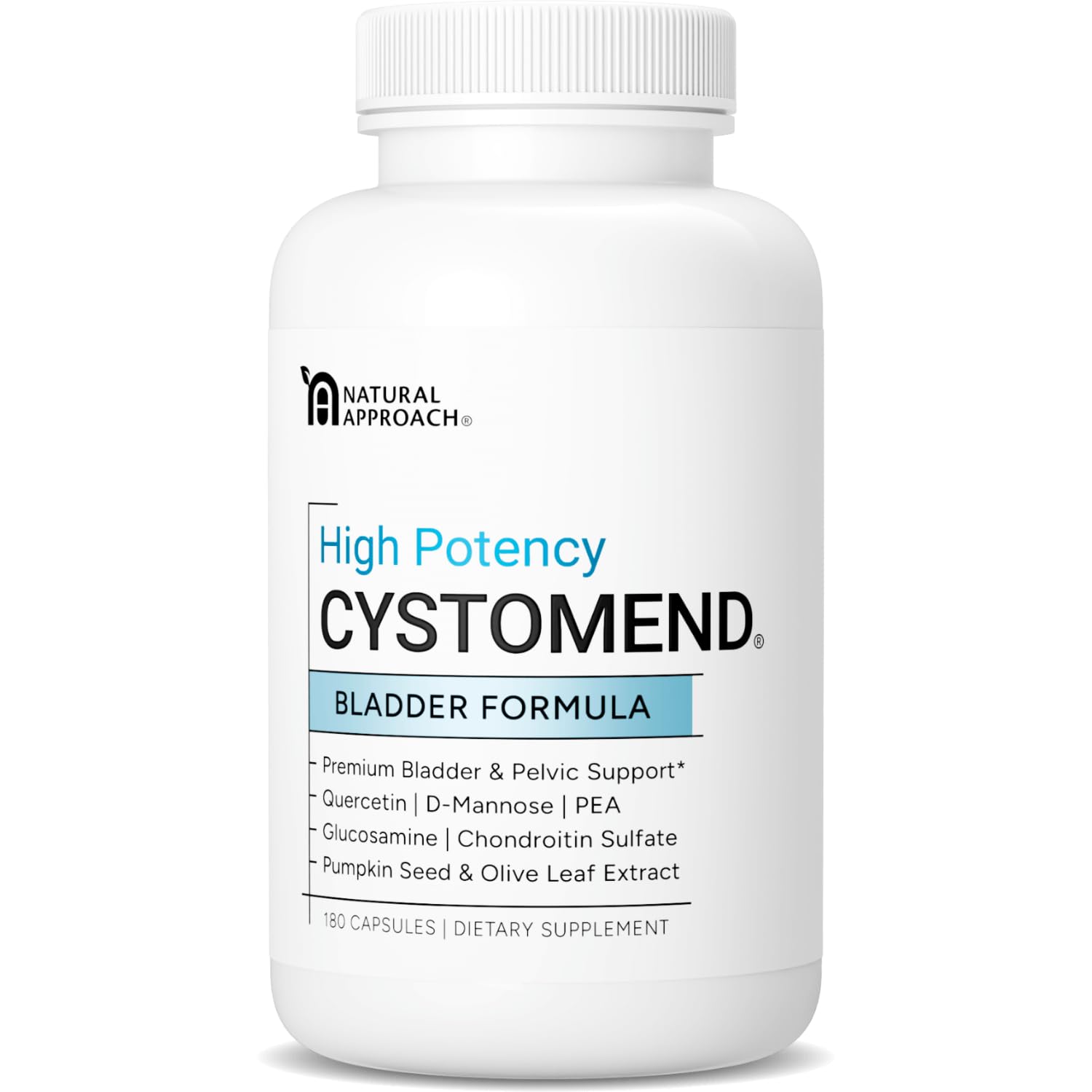 CystoMend bottle front label highlighting bladder support formula for daily use