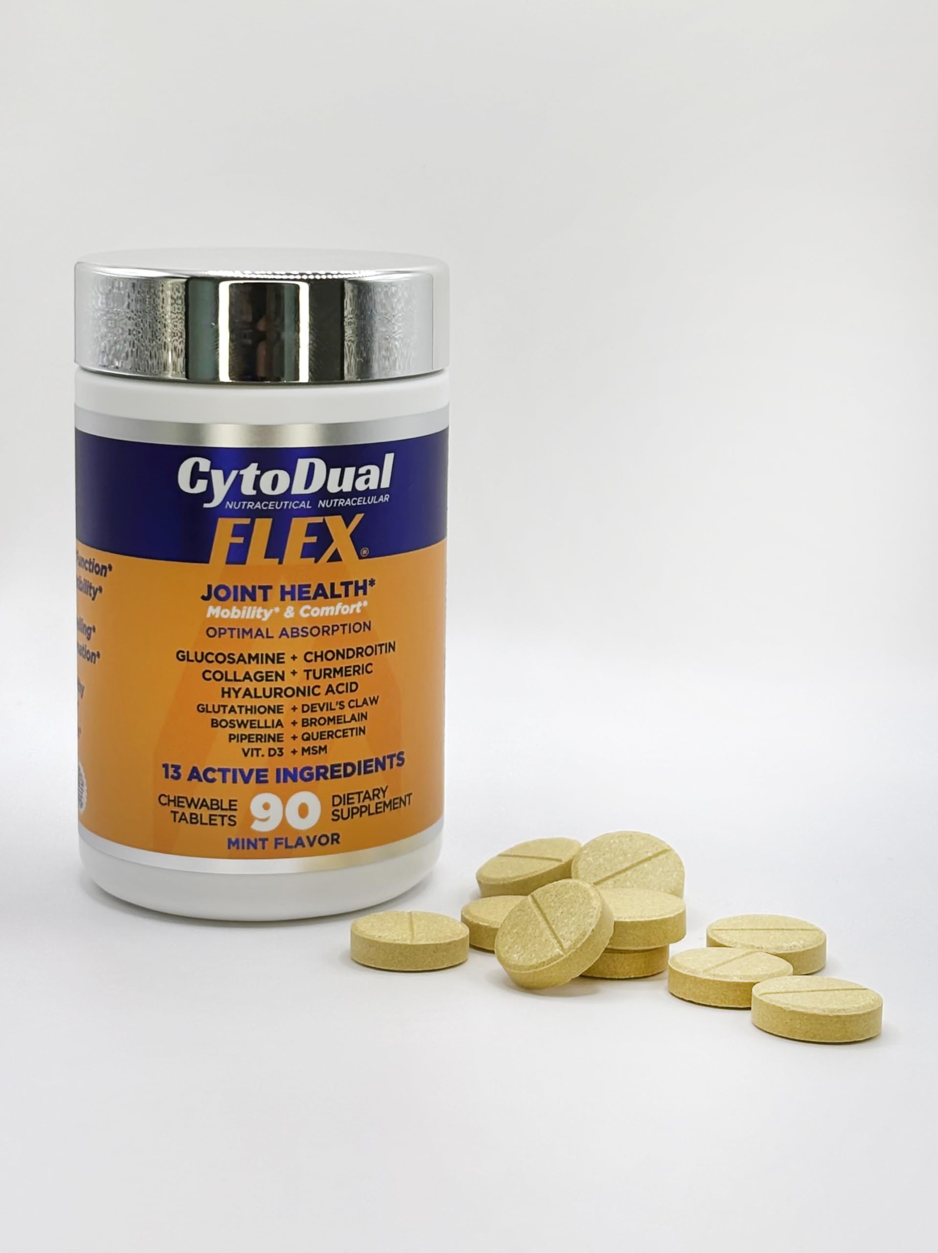 Cytodual Flex tablets close-up, showing compact chewables for on-the-go use.