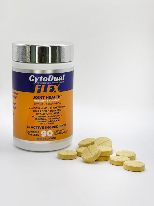 Cytodual Flex tablets close-up, showing compact chewables for on-the-go use.