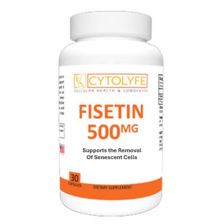 CYTOLYFE Fisetin 500mg bottle front shows bright label for clean, premium senolytic support.