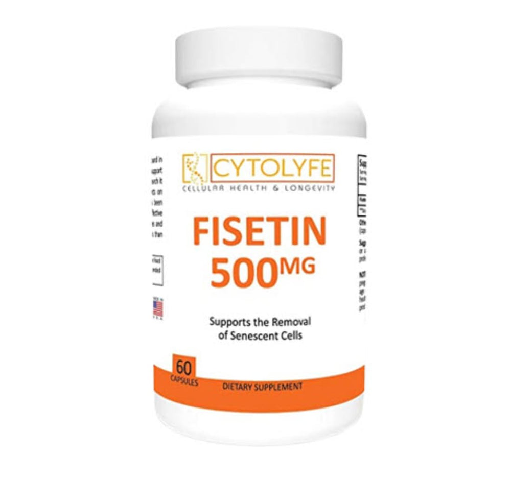 CYTOLYFE Fisetin 500mg capsule, bottle front, daily wellness support.