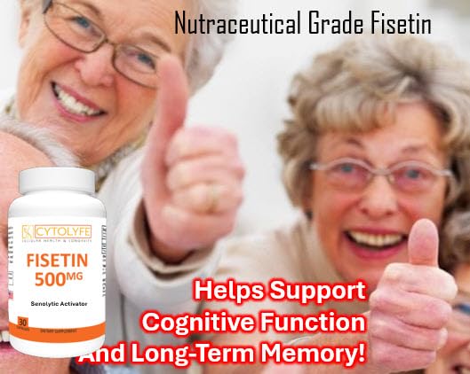 CYTOLYFE Fisetin dosage instructions show 60 capsules and 500 mg per serving.