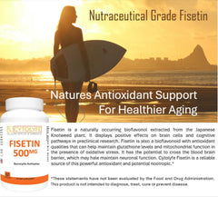 CYTOLYFE Fisetin label close-up shows 98% purity and 500 mg dosage.