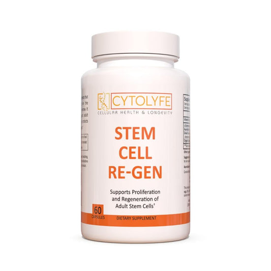 CYTOLYFE Stem Cell-Regen bottle on shelf, easy-to-swallow capsules for daily vitality.