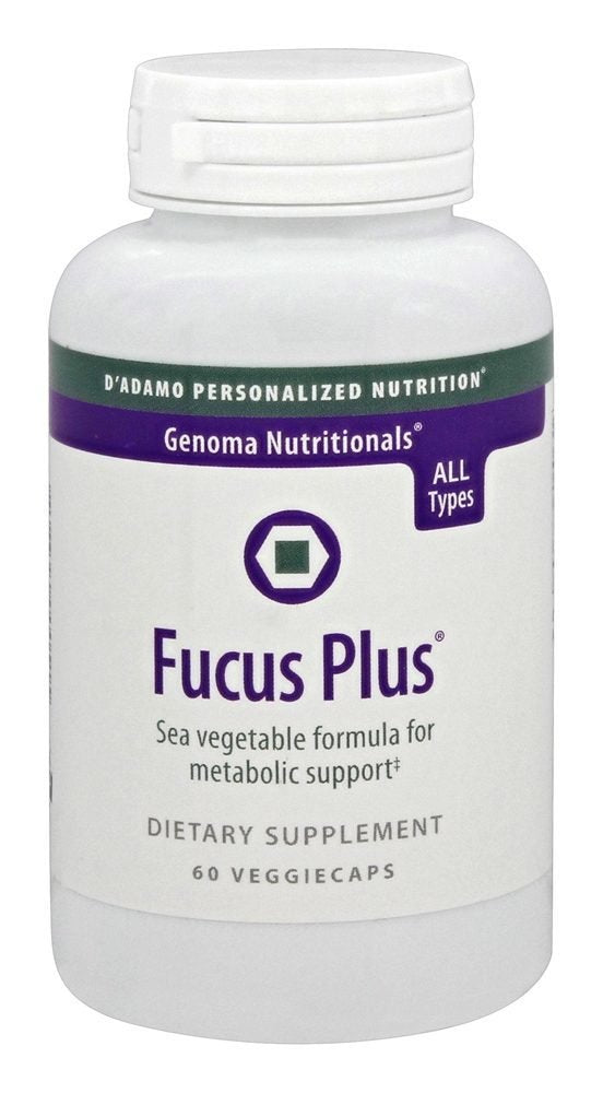 D'Adamo Fucus Plus bottle front showing sea vegetable formula and veggie capsules