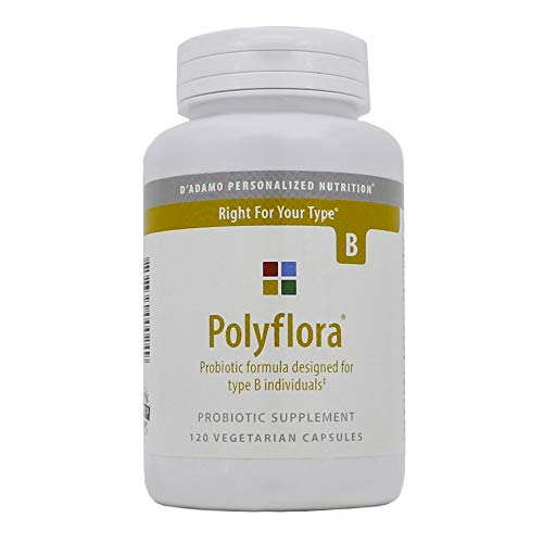 D'Adamo Polyflora B 120 VegCaps bottle side view highlights vegetarian capsules for daily use.