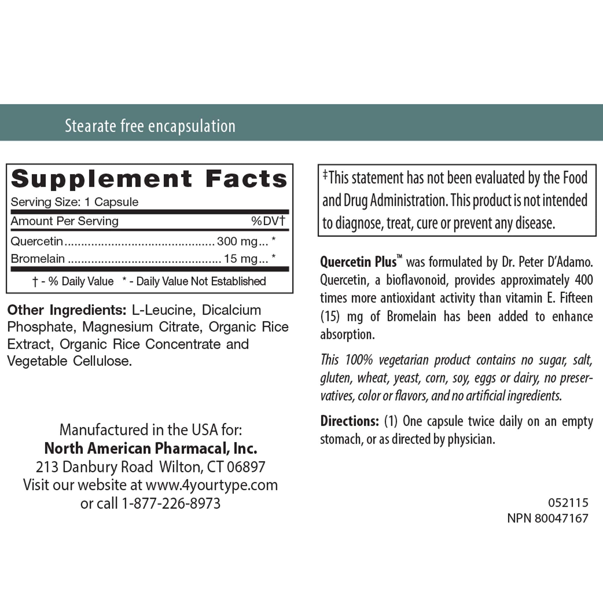 D'Adamo Quercetin Plus label closeup showcasing natural ingredients for everyday wellness