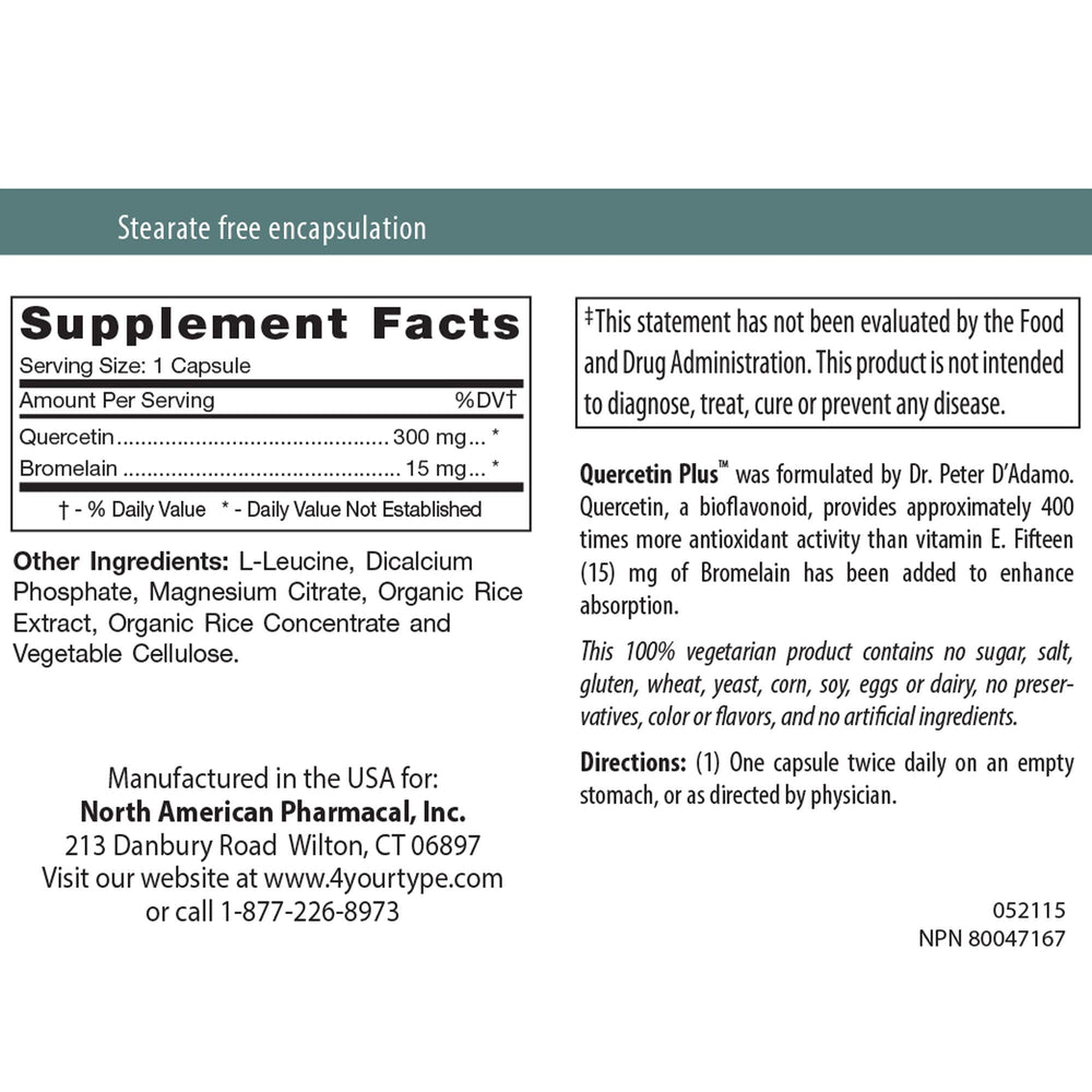 D'Adamo Quercetin Plus label closeup showcasing natural ingredients for everyday wellness