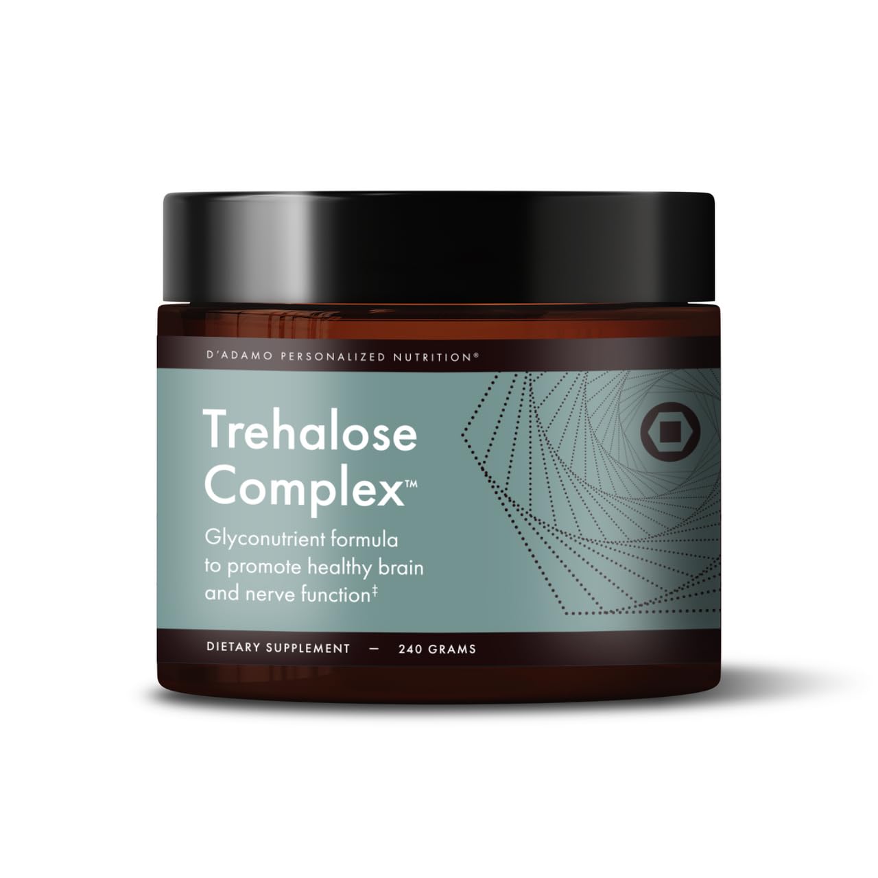 D'Adamo Genoma Trehalose Complex bottle pour supports easy daily dosing.