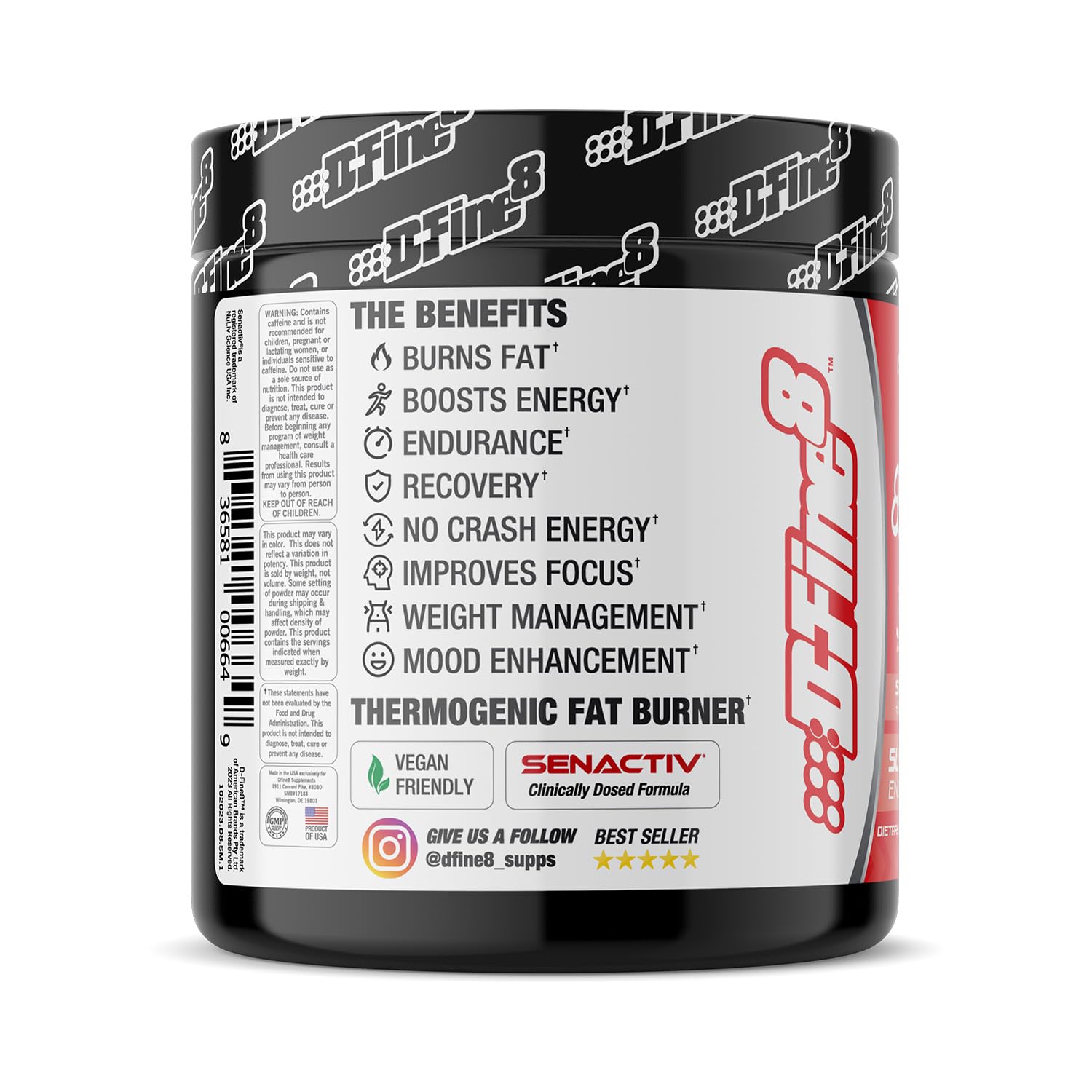 D-Fine8 ingredients scoop with container signaling comprehensive fat-burning support.
