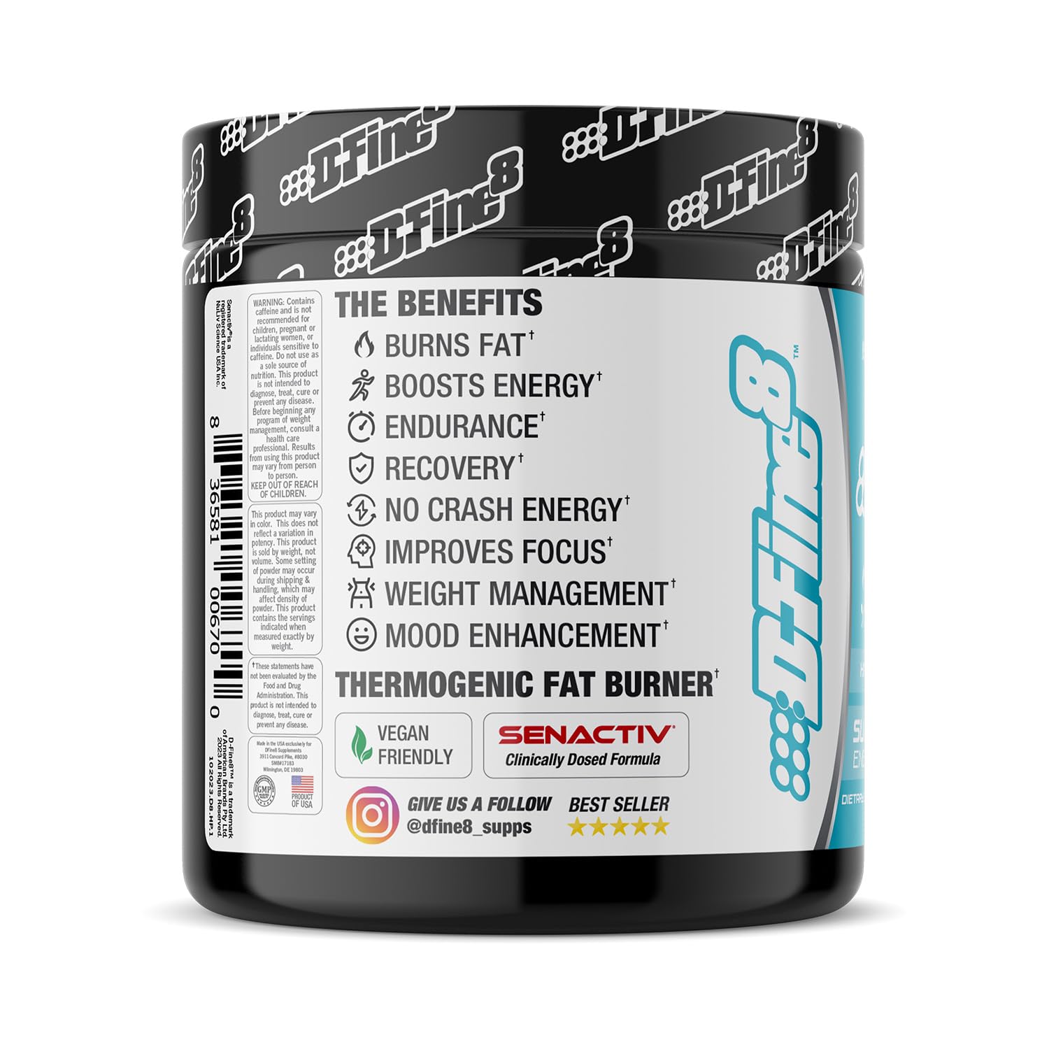 D-Fine8 label close-up highlighting caffeine and adaptogenic ingredients.