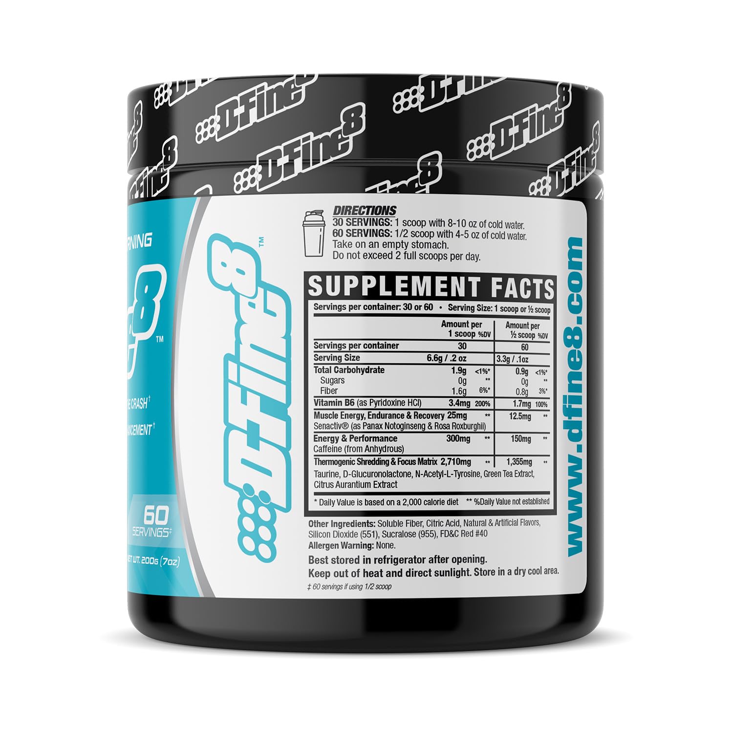 D-Fine8 powder scoop ready for a precise pre-workout energy boost.