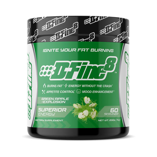 D-Fine8 bottle front view shows sugar-free formula for clean energy.