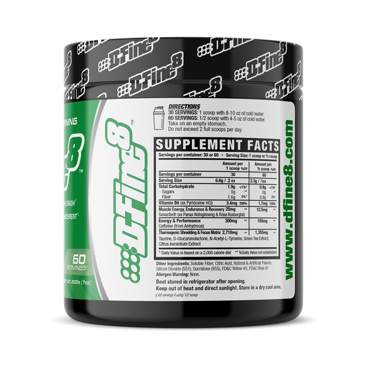 D-Fine8 label close-up highlights Senactiv and caffeine for focus.
