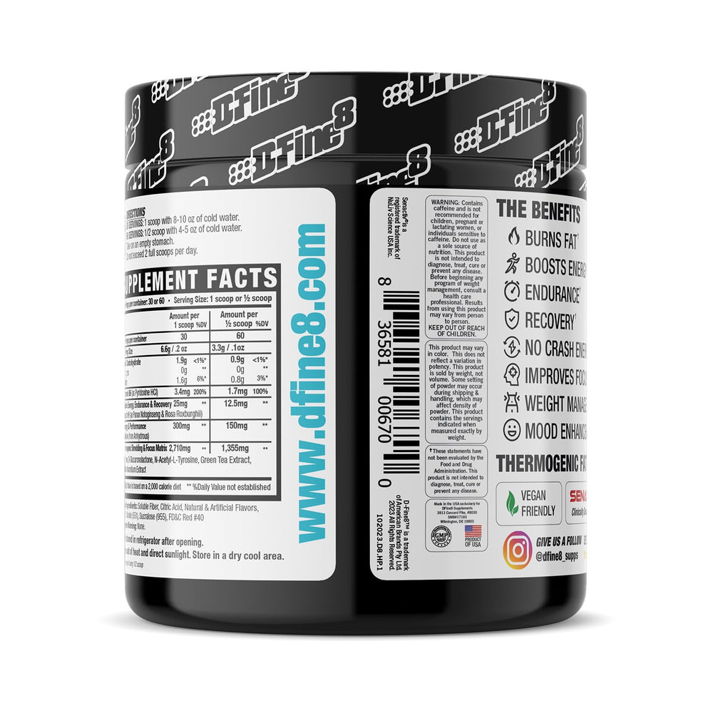 D-Fine8 shake glass with powder mixing for an energized workout.