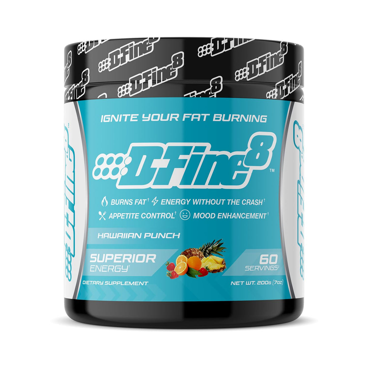 D-Fine8 thermogenic tub front with energy-boosting pre-workout formula.