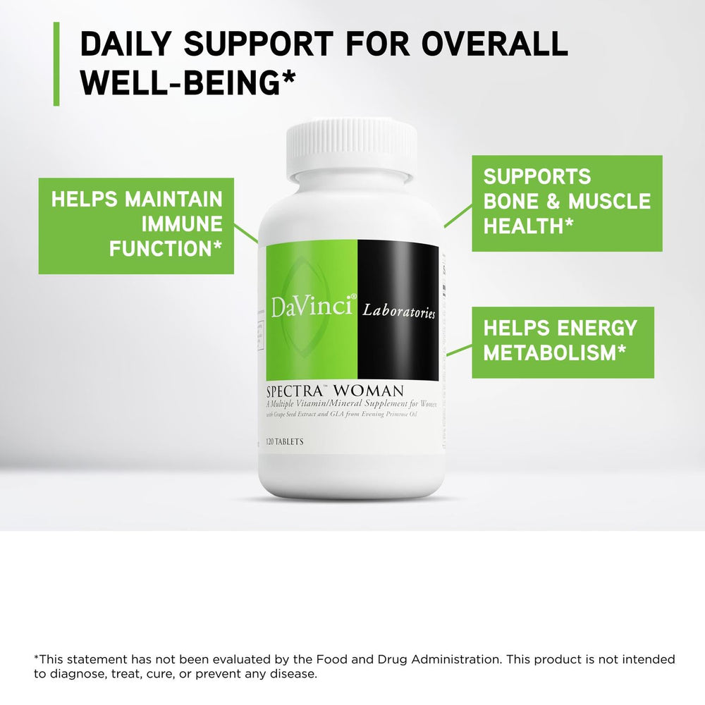 Davinci Labs Spectra Woman label shows vitamins and minerals for women's needs.