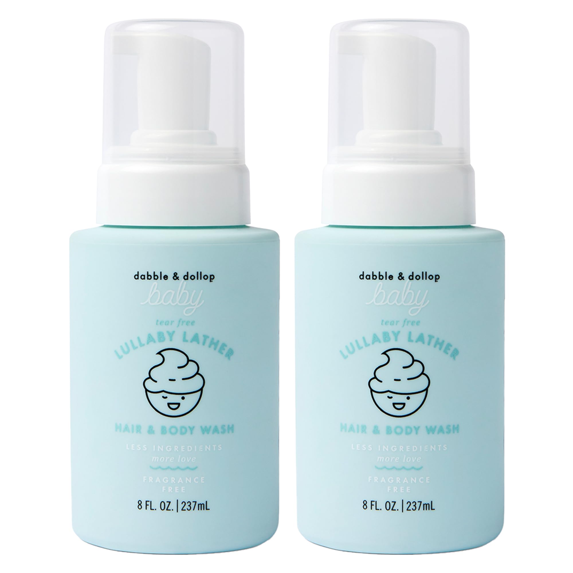 Dabble & Dollop Lullaby Lather bottle demonstrates tear-free cleansing for baby skin.