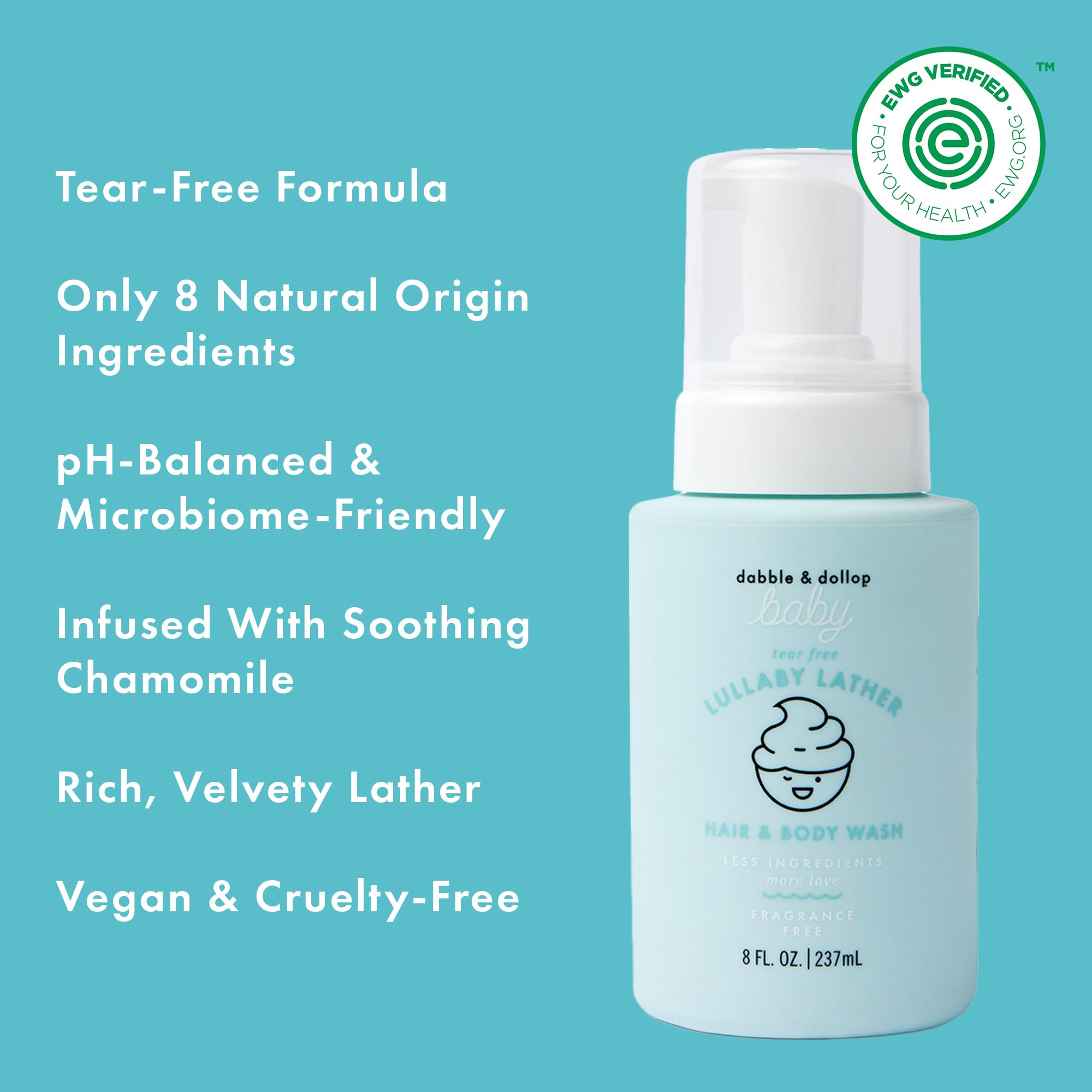 Dabble & Dollop Lullaby Lather fragrance-free label emphasizes minimal ingredients for sensitive skin.