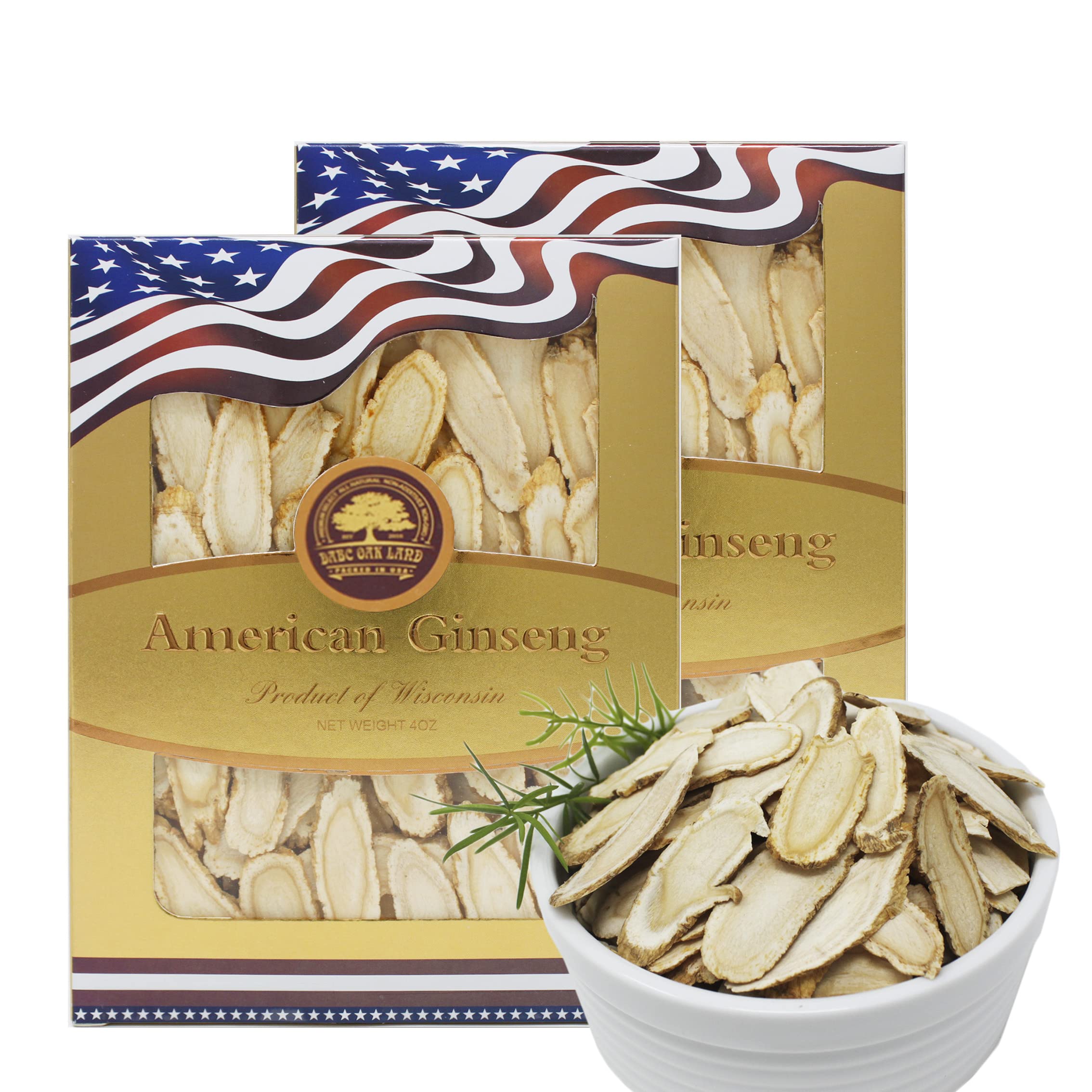 DABC OAK LAND American Ginseng Slices packaging showing gluten-free, non-GMO quality.