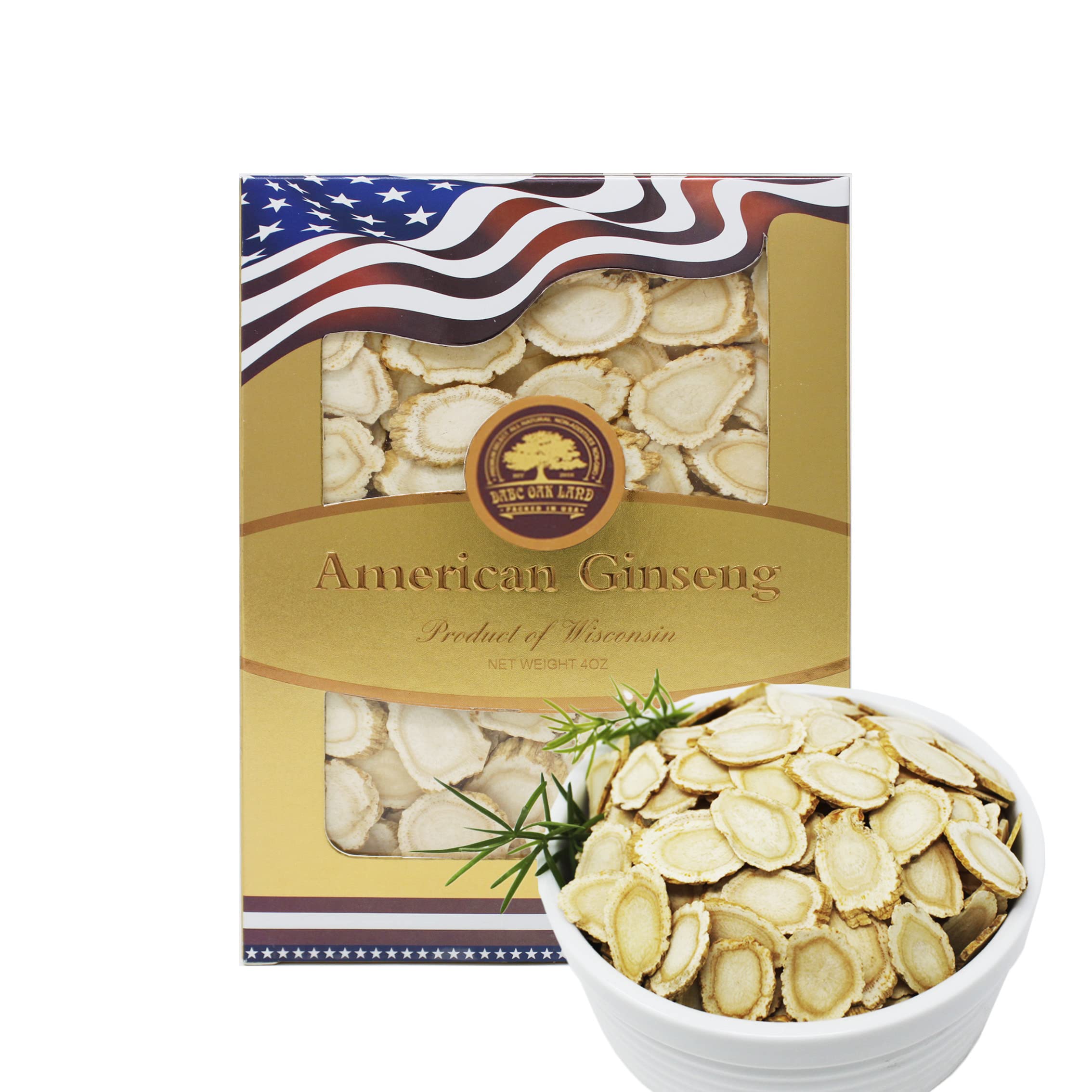 DABC OAK LAND American ginseng slices from Wisconsin on the front packaging, ready for daily use.