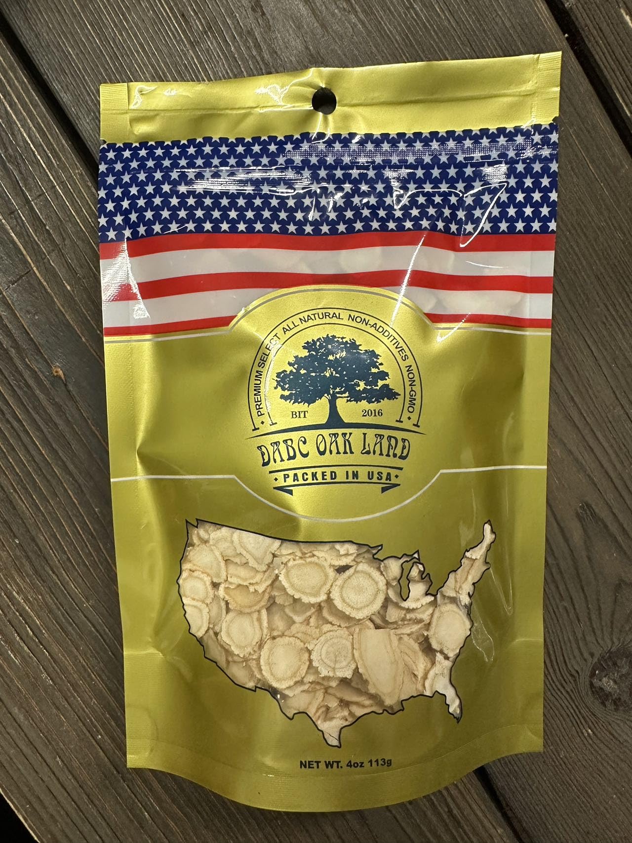 DABC OAK LAND purity and testing label on ginseng slices