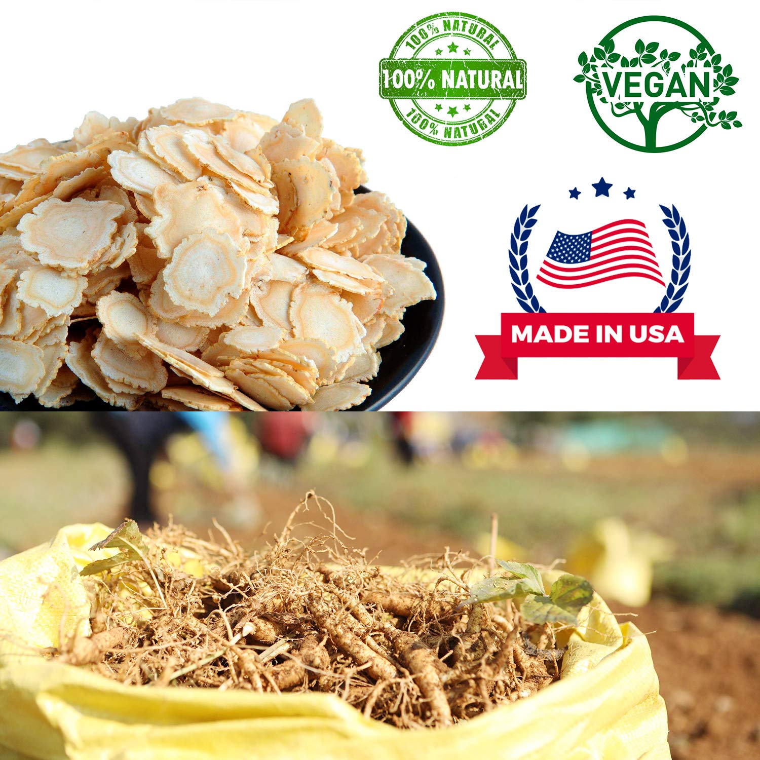 Label highlights purity tests and non-GMO status for DABC OAK LAND ginseng slices.