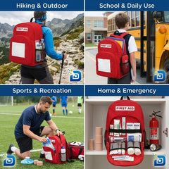 DABOS first aid backpack red in-car use for roadside readiness.