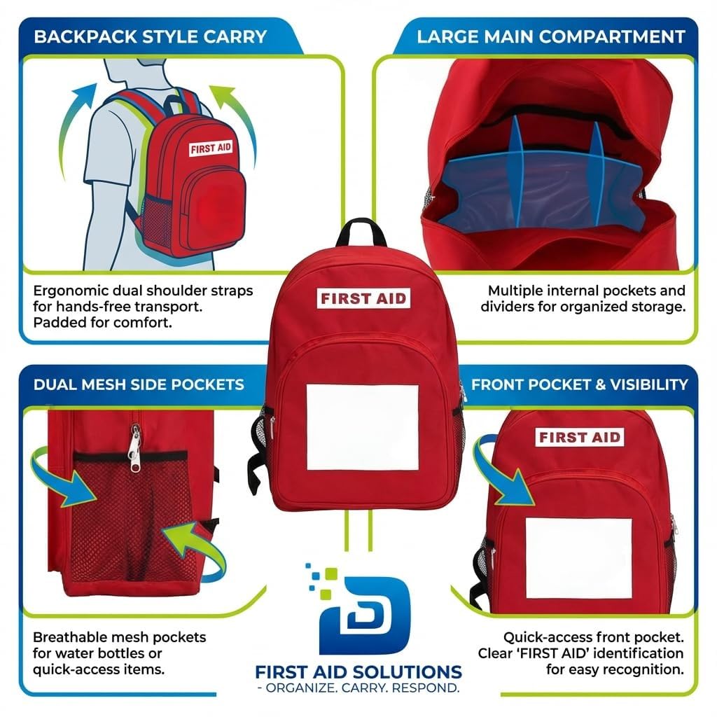 DABOS first aid backpack red side pocket for extra storage on the go.