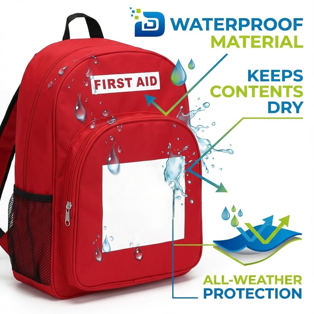 DABOS first aid backpack red waterproof fabric closeup showing durability.