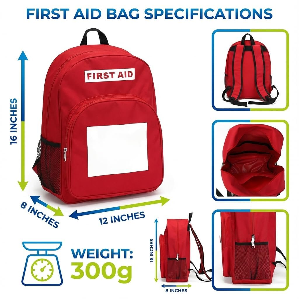 DABOS first aid backpack red zipper and strap for secure travel use.