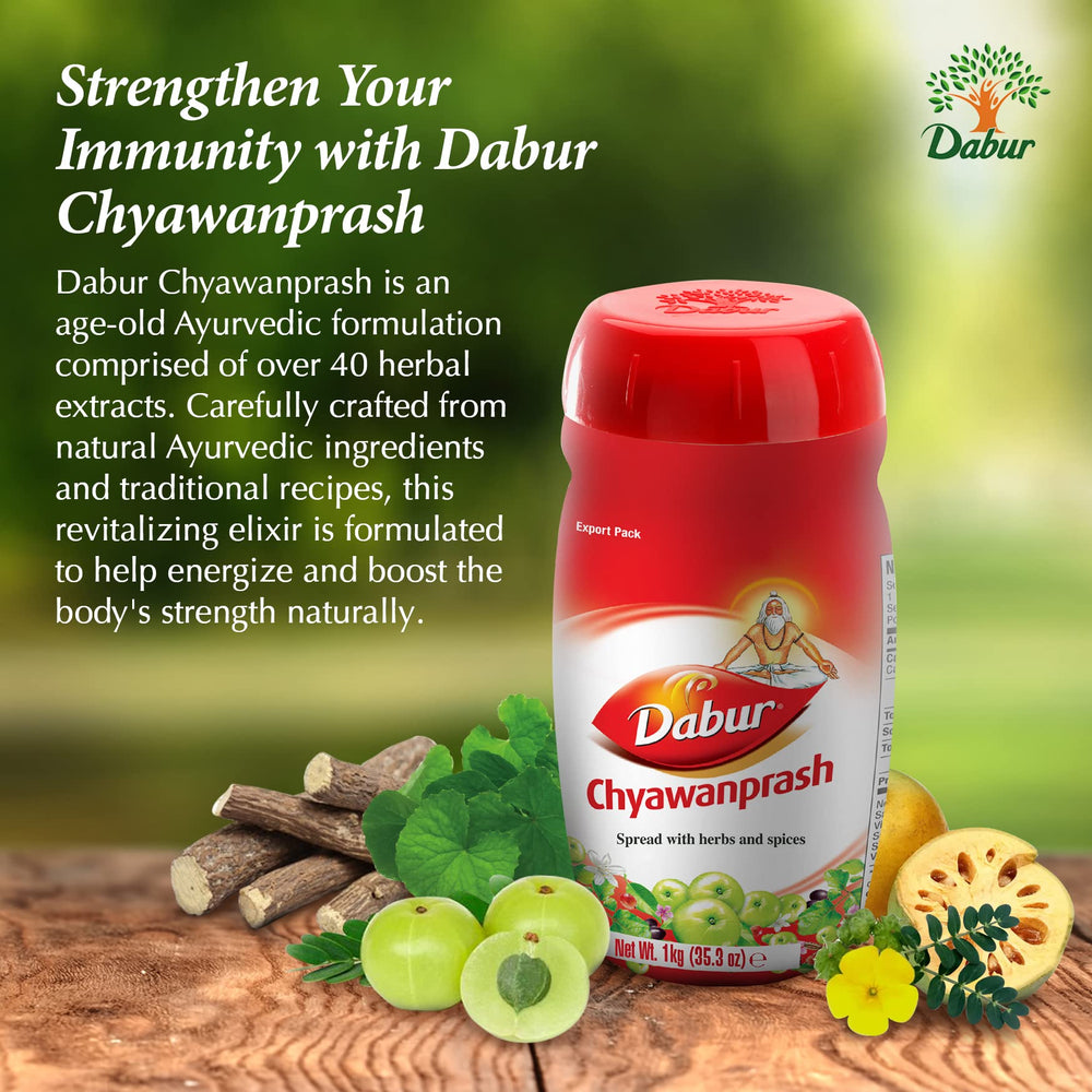 Dabur Chyawanprash Spread bottle highlighting 40 Ayurvedic herbs.