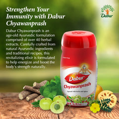 Dabur Chyawanprash Spread bottle highlighting 40 Ayurvedic herbs.