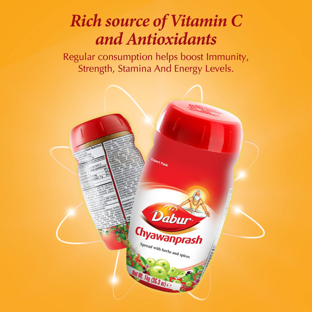 Amber-colored Dabur Chyawanprash spread in a jar inviting aroma.