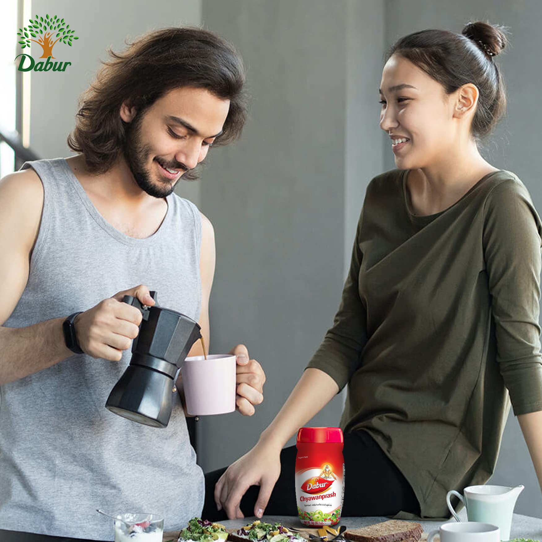 Amla, Giloy and Pippali notes in Dabur Chyawanprash spread.