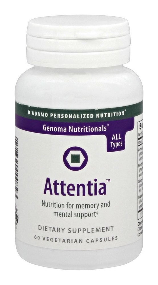 D'Adamo Attentia bottle shown for daily dietary supplement use.